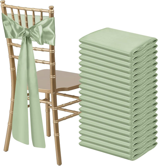 50 PCS Sage Green Satin Chair Sashes Bows Universal Chair Ribbon Ties Back Sash for Wedding Party Reception Events Banquets Hotel Event Chair Cover Decoration (7x108 inch)