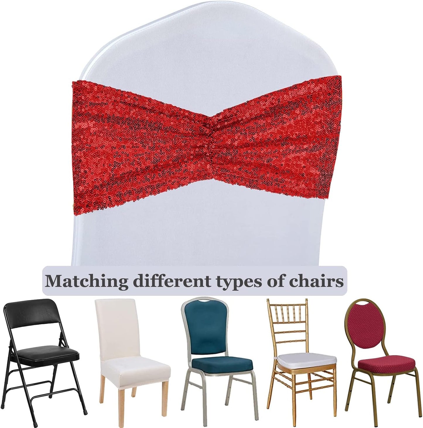 SquarePie Pack of 100 Chair Sashes Sparkly Red Sequin Bands for Wedding Party Banquet Home Decor