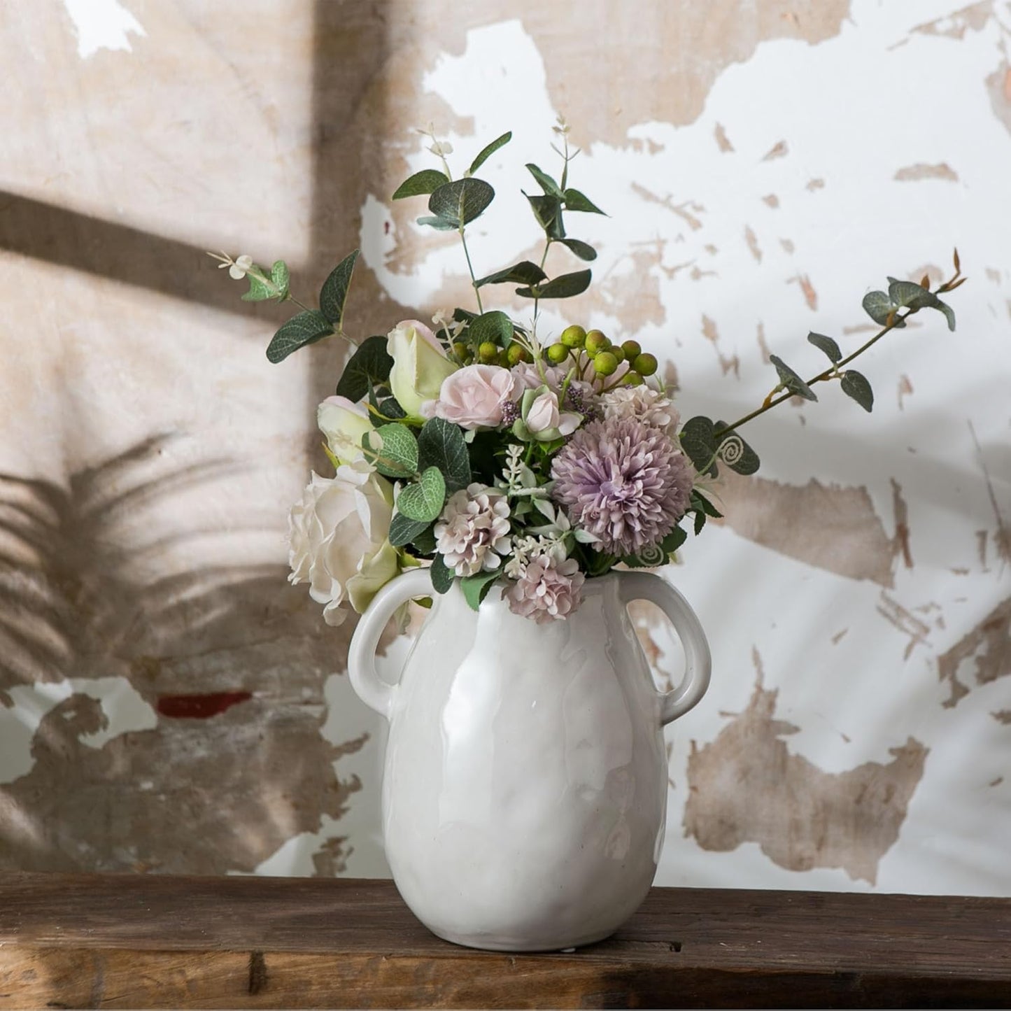 White Ceramic Vase with 2 Handles for Modern Farmhouse Home Decor, Vintage Rustic Decorative Vases, Small Vase for Fresh and Dried Flowers, Centerpiece Table Decorations, 7 Inch