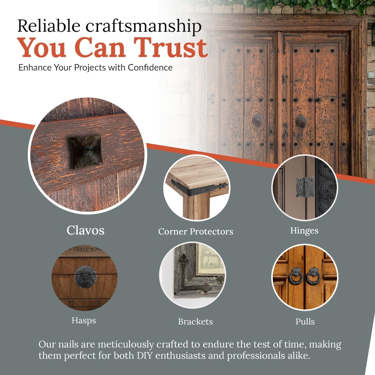 10 Pack 1.25" Square Head Iron Clavos Decorative Nails – Rusted – Handmade Rustic Square Fasteners for Farmhouse Shutters, Faux Wood Beams, Barn Doors, Shutters, and Gates – Ornamental Wood Accent