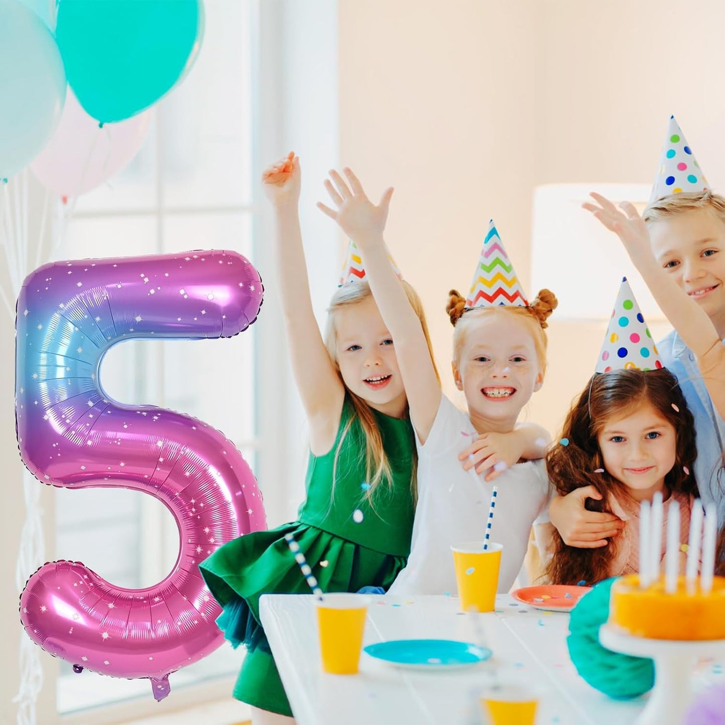 Gradient Blue Pink 2 Balloons, 40 Inch Giant Helium Foil Number 0-9 Rainbow 2th Birthday Balloon for Girls, Self Inflating Starry Digit 2 Balloons for Women Anniversary Party Decorations Supplies