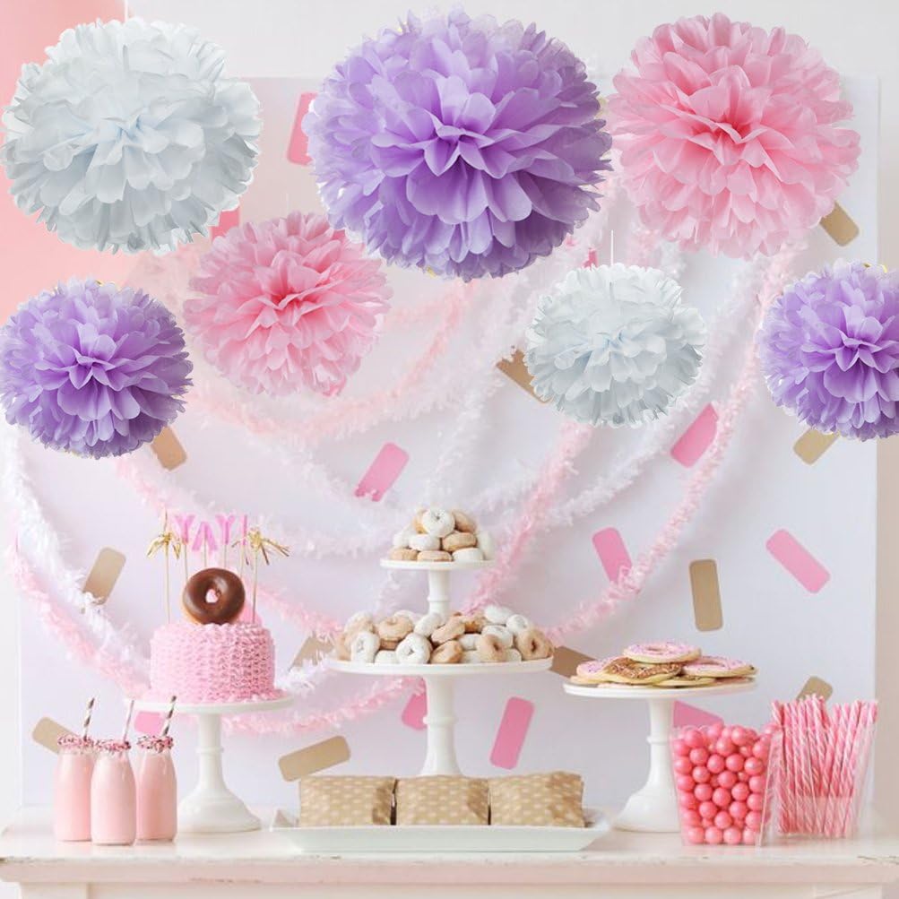 Paper Flower Tissue Pom Poms Baby Shower Party Favors (pink,purple,white,18pc)