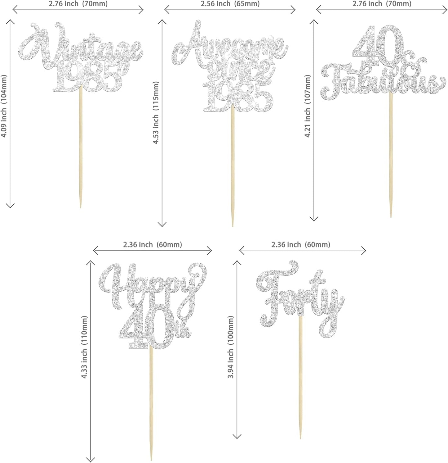 30Pcs Happy 40th Birthday Cupcake Toppers Glitter Forty Vintage 1985 Cupcake Picks Cheers to 40 Fabulous Cake Decorations for 40th Birthday Wedding Anniversary Party Supplies Silver