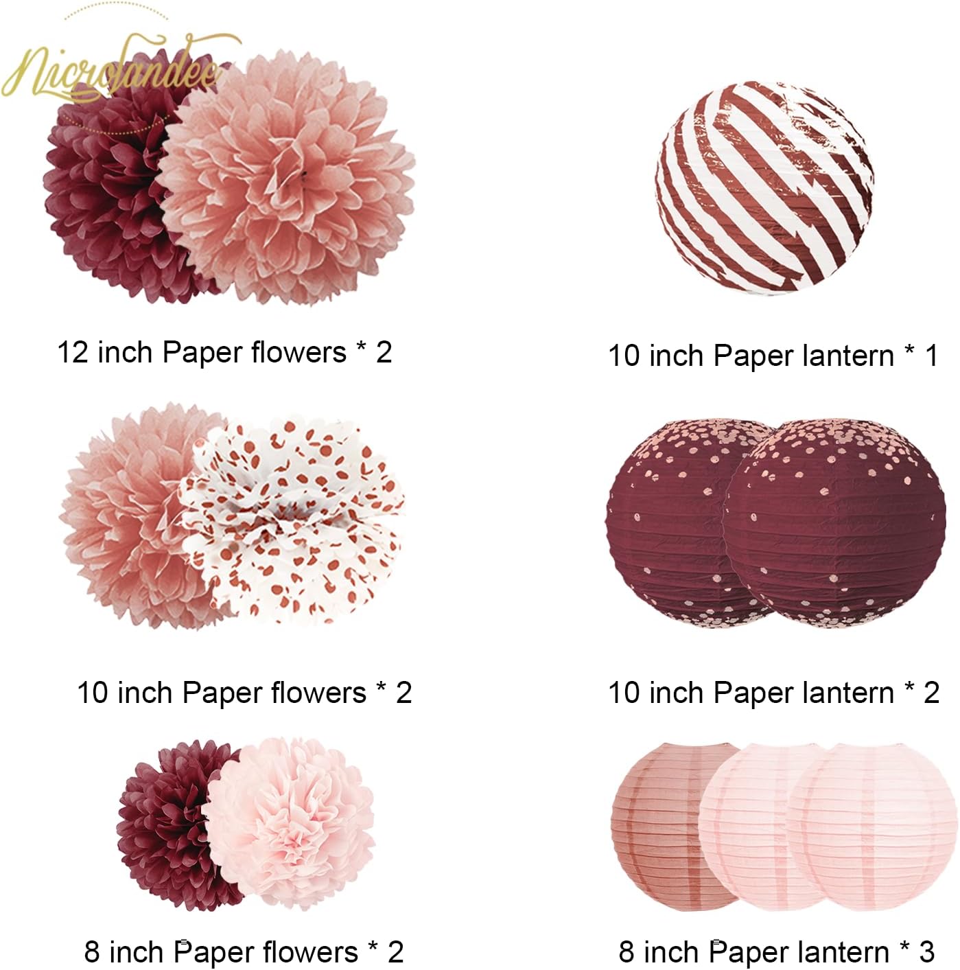 NICROLANDEE Burgundy Party Decorations 12PCS Hanging Paper Lanterns Tissue Pom Poms Decor for Retirement Party Birthday Anniversary Valentines Day Decorations