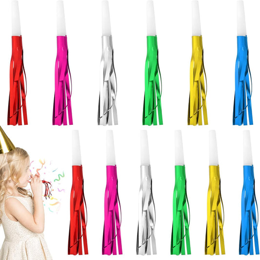 12pcs Glitter Fringed Party Blowers, Colorful Birthday Blow Horns Funny Noise Makers Party Favors Squawker Blowouts for Birthday New Years Graduation