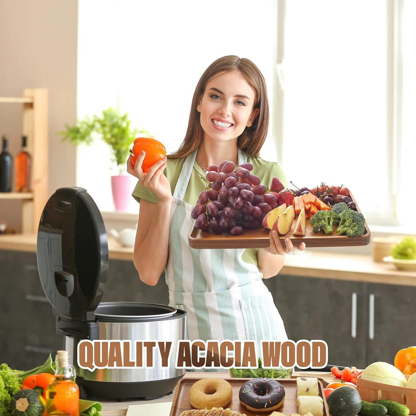 2pcs 15"x10" Solid Acacia Wood Serving Trays Rectangular Wooden Serving Platters Natural Wooden Boards for Bar Coffee Party（Brown）