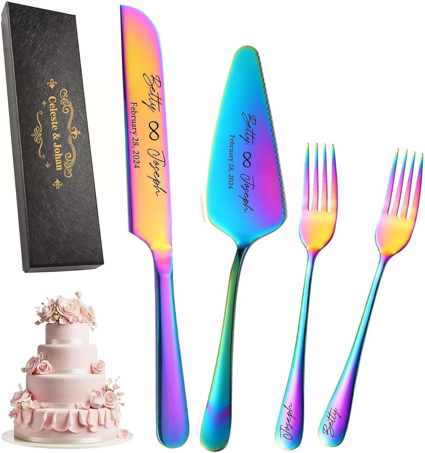 Personalized Wedding Cake Knife and Server Set Stainless Steel Forks Cake Cutter Server Engraved Cake Cutting Set for Wedding Anniversary Engagement Birthday Gifts