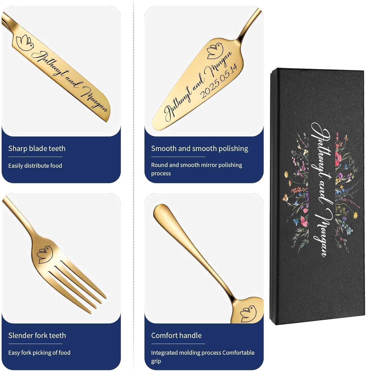 Personalized Wedding Cake Knife and Server Set, Custom Gold/Silver Cake Cutting Set for Wedding, 4 Pieces Set with Forks for Engagements, Anniversaries, Bride and Groom (Rose Gold)