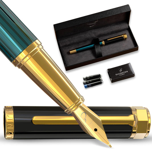 Ellington Pens Luxury Fountain Pen Set- Fountain Pens for Writing - Smooth Fine Nib - Includes Refillable Ink Converter, 3 Ink Cartridges [Black & Blue], Gift Box - Elegant Calligraphy
