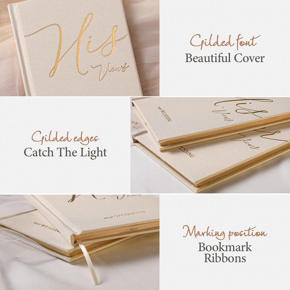 Vow Books His and Hers 2 Pack - 6 x 4 Inch Linen Hardcover Wedding Vow Books with Gold Foil Lettering & Bookmark, Wedding Ceremony Keepsake for Bride and Groom-His and Her Engagement Gift, 48 Pages