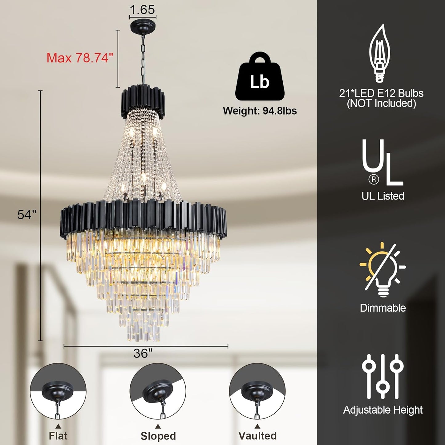 54" Luxury Long Crystal Chandelier for High Ceilings, 21-Light Modern Black Large Chandeliers for Staircase, Foyer, Entryway, Living Room, Hallway, Contemporary K9 Crystal Tiered Chandelier