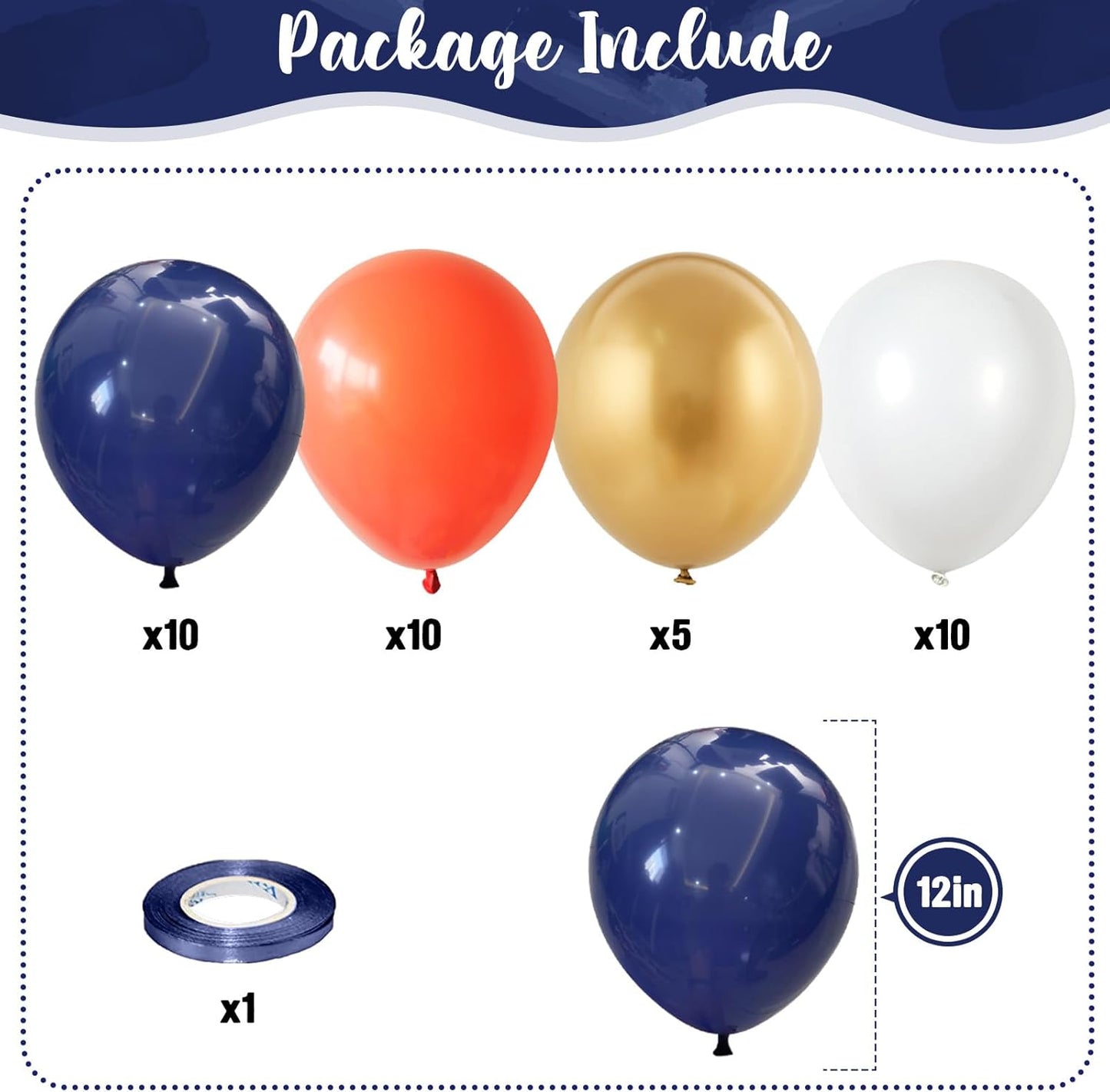 Navy Blue and Orange Balloons, Navy Metallic Orange White Latex Balloons Set, Dark Orange for Boys Men Space Basketball Birthday Baby Shower Wedding Graduation Party Decorations Is-02
