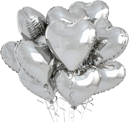 Biapian Silver Foil Heart Balloons, 10PCS Silver Heart Shape Balloons, Valentines Balloons 18inch Love Foil Balloons for Helium Birthday Decorations for Valentines Day, Wedding, Brithday, Baby Shower