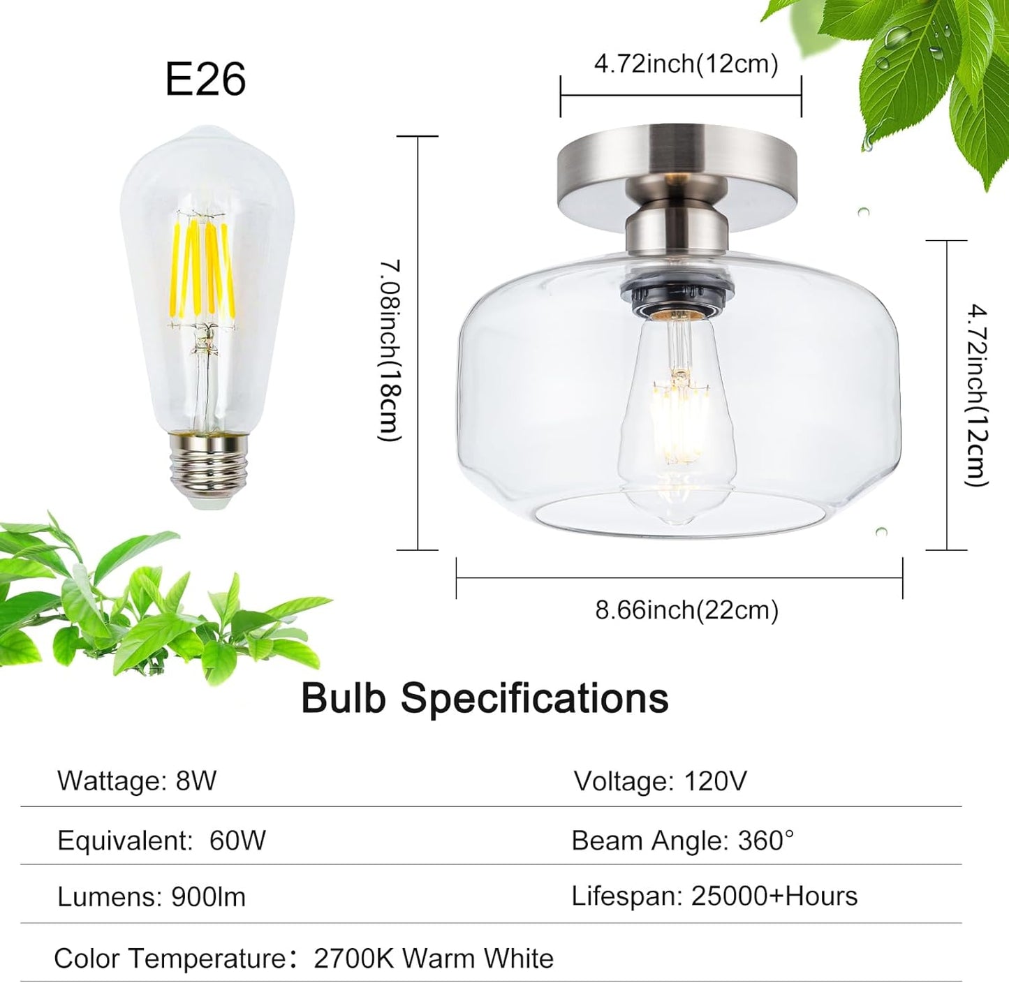 Semi Flush Mount Ceiling Light Fixture - Clear Glass & Brushed Nickel Base with 900 Lumen LED - Modern Kitchen Lighting Fixtures for Bathroom Hallway Entryway