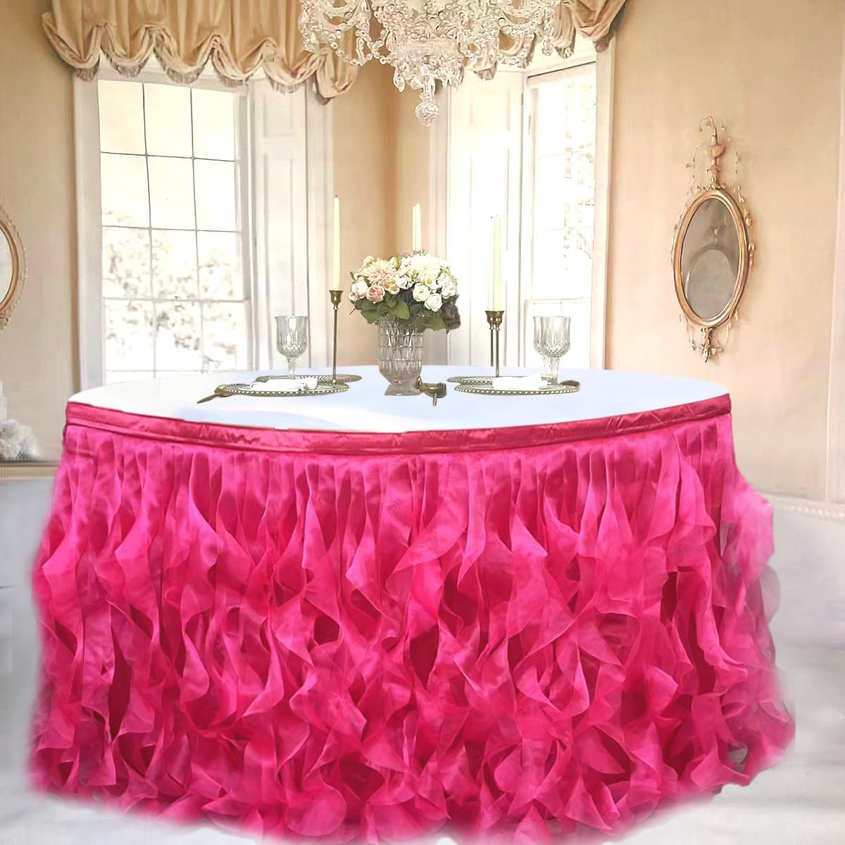 Luxury Organza Mesh Table Skirt Draping Floating Romance - Perfect for Bridal Showers, Birthday Weddings - Clear Flowing Decoration for a Wonderful Main Cake Table (Hot Pink-6ft, 72" L×30" H)