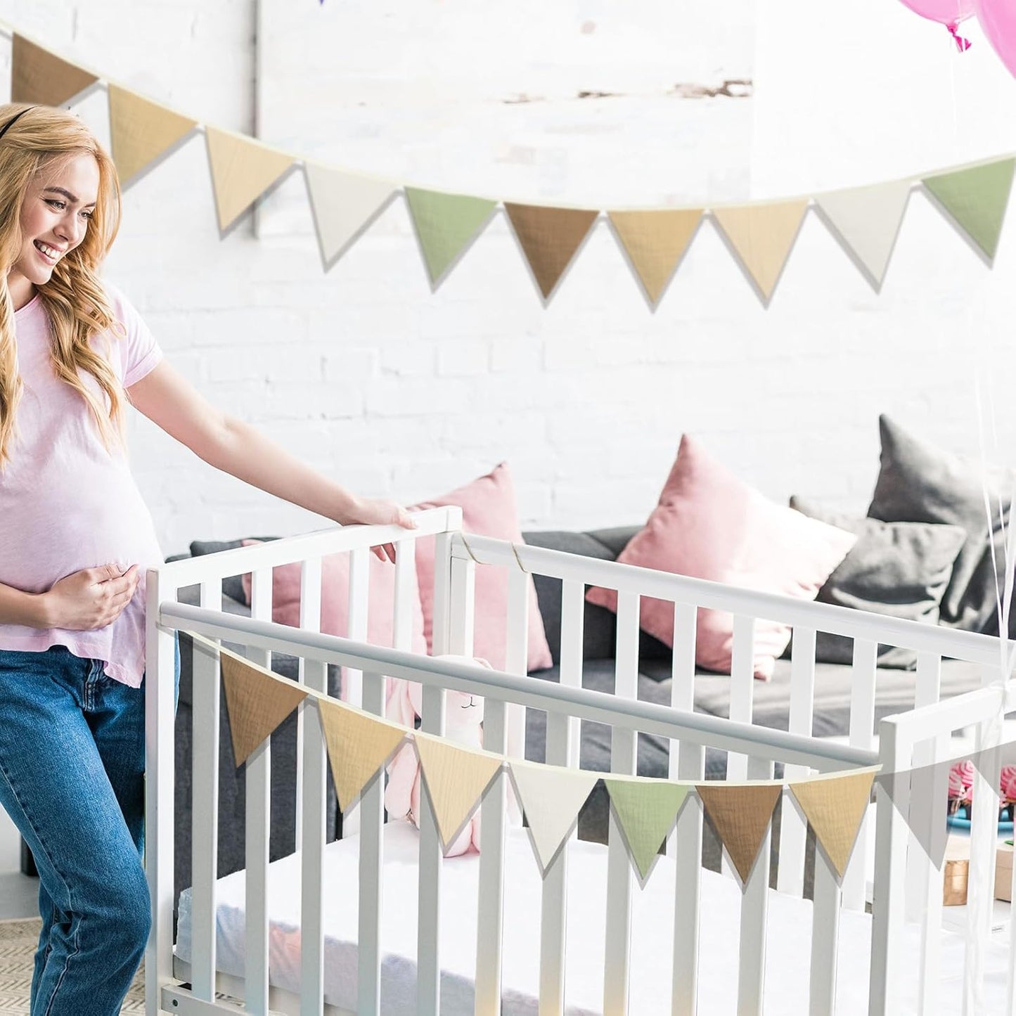 Oudain 15.5 ft Pennant Banner Flags, 2 Pcs Nursery Garland Triangle Bunting Flag Baby Banner for Nursery Decor Baby Birthday Boho Wedding Shower Party Event, Each 7.75 ft (Boho Color)