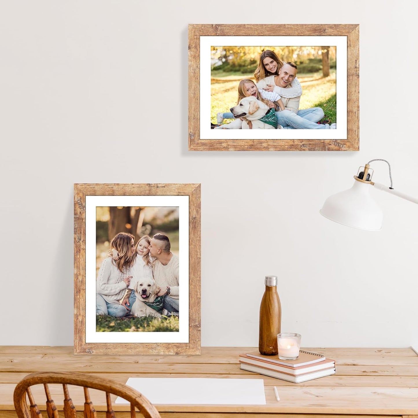 10x14 Picture Frame Set of 4 with Tempered Glass, Rustic Brown Frame Display 8x12 Pictures with Mat or 10 x 14 Without Mat, Wooden Photo Frames for Wall Mounting