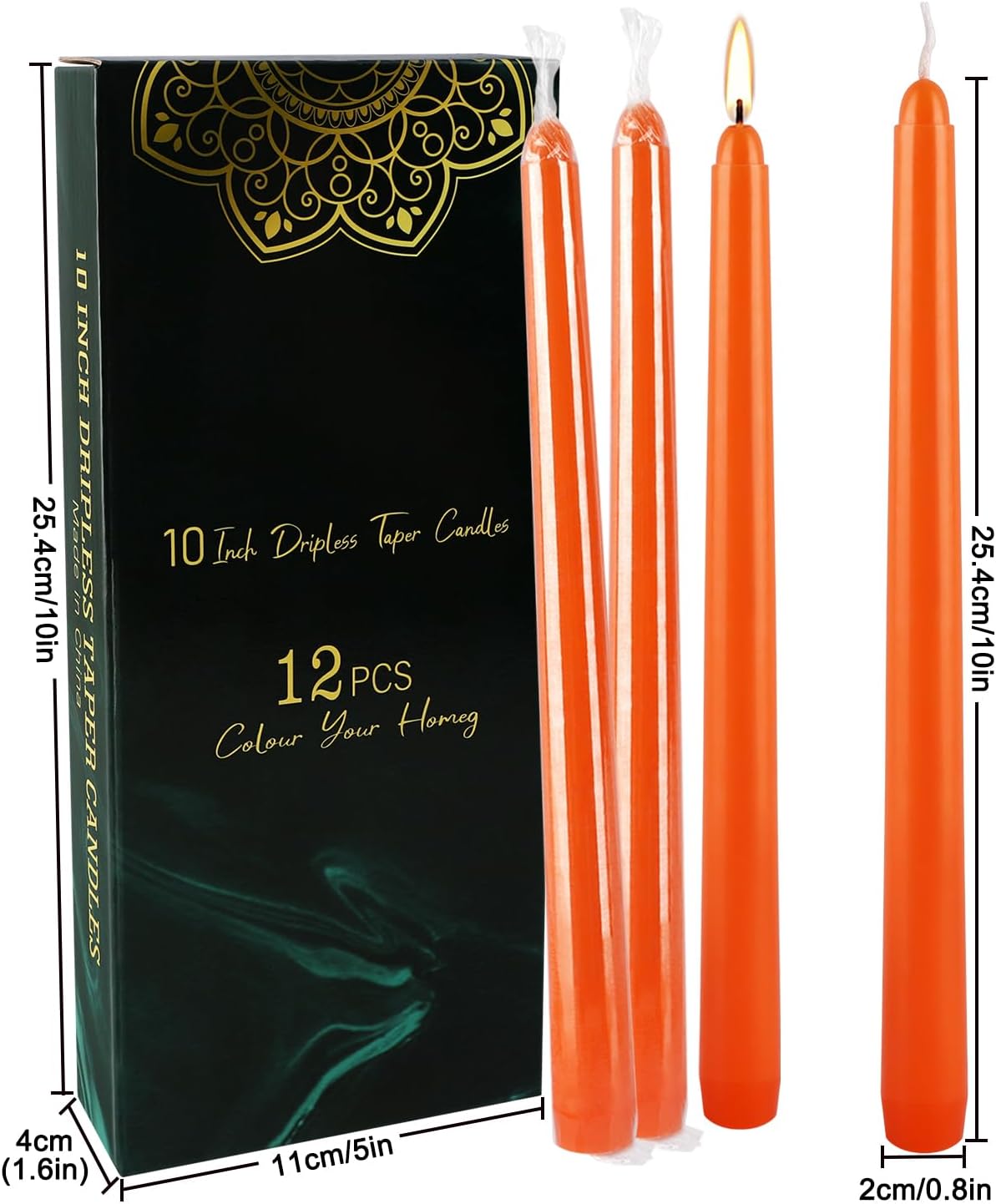 12-Pack Orange Taper Candles - 10 Inch Unscented Dripless Candlesticks, Long Burning for Halloween, Thanksgiving, Fall Decor & Dinner Parties