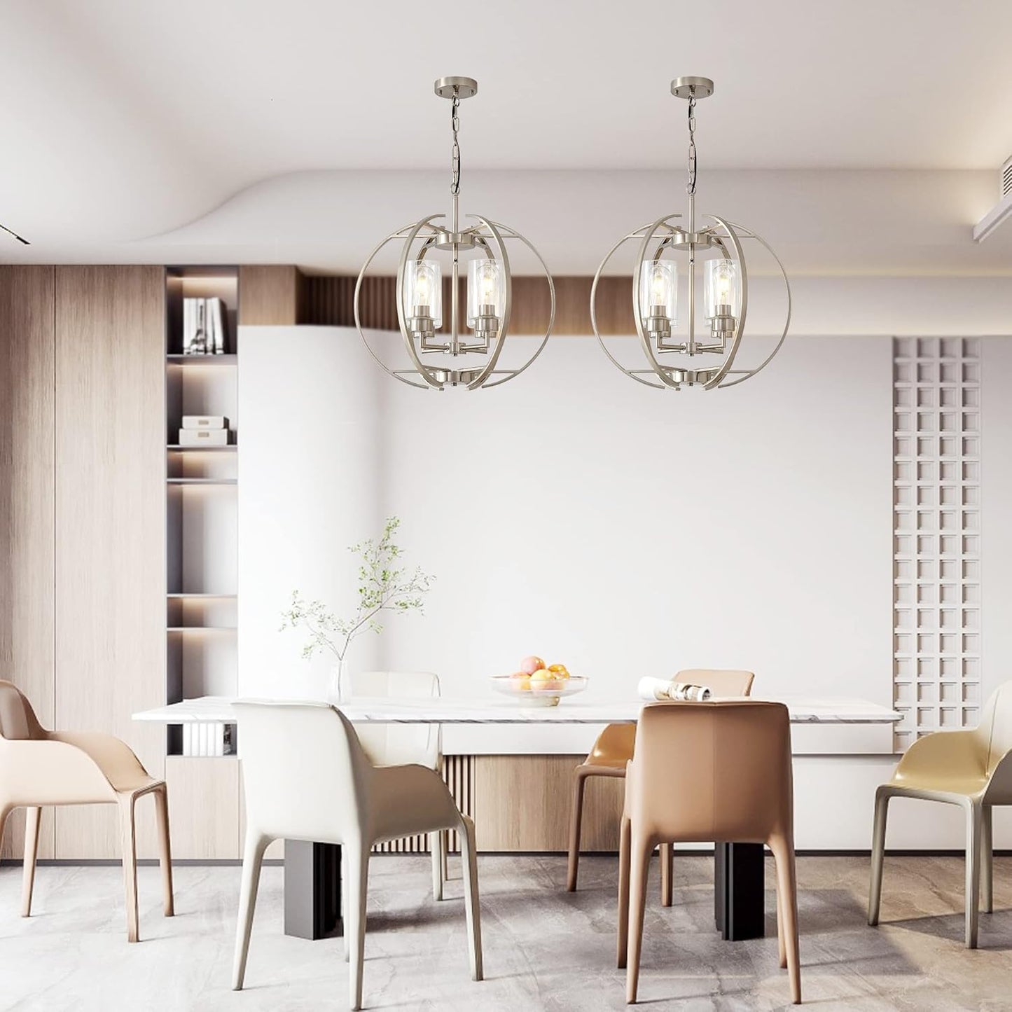 Large Lantern Globe Brushed Nickel Chandelier Lighting, Adjustable Hanging Ceiling Pendant 4 Light for Kitchen, Dining Room, Living Room, Hallway, Bedroom