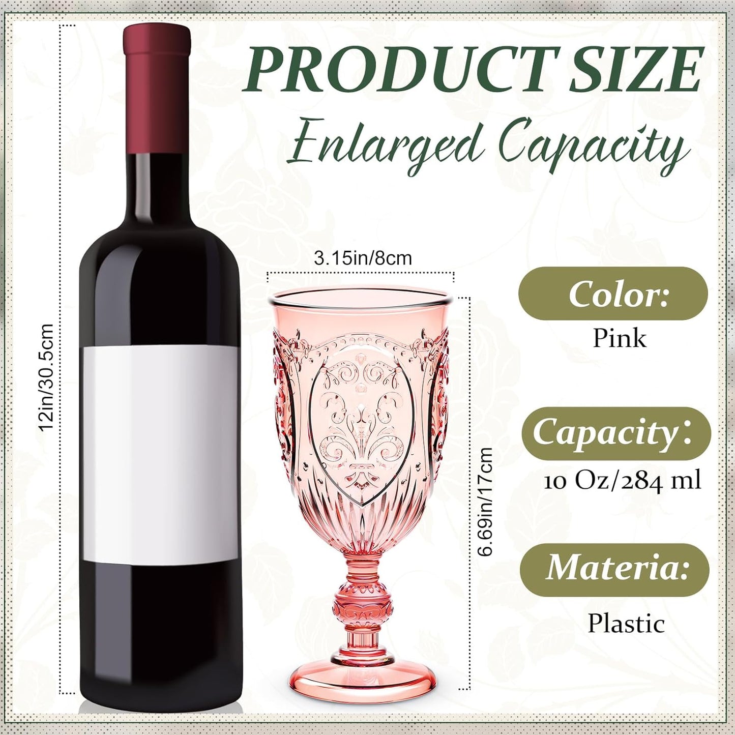 18 Pack Plastic Goblets 10oz Upgrade Vintage Water Goblet Plastic Wine Glasses Colored Retro Embossed Glassware for Party Wine Bar Juice Baby Shower Wedding Reception Grand (Pink)