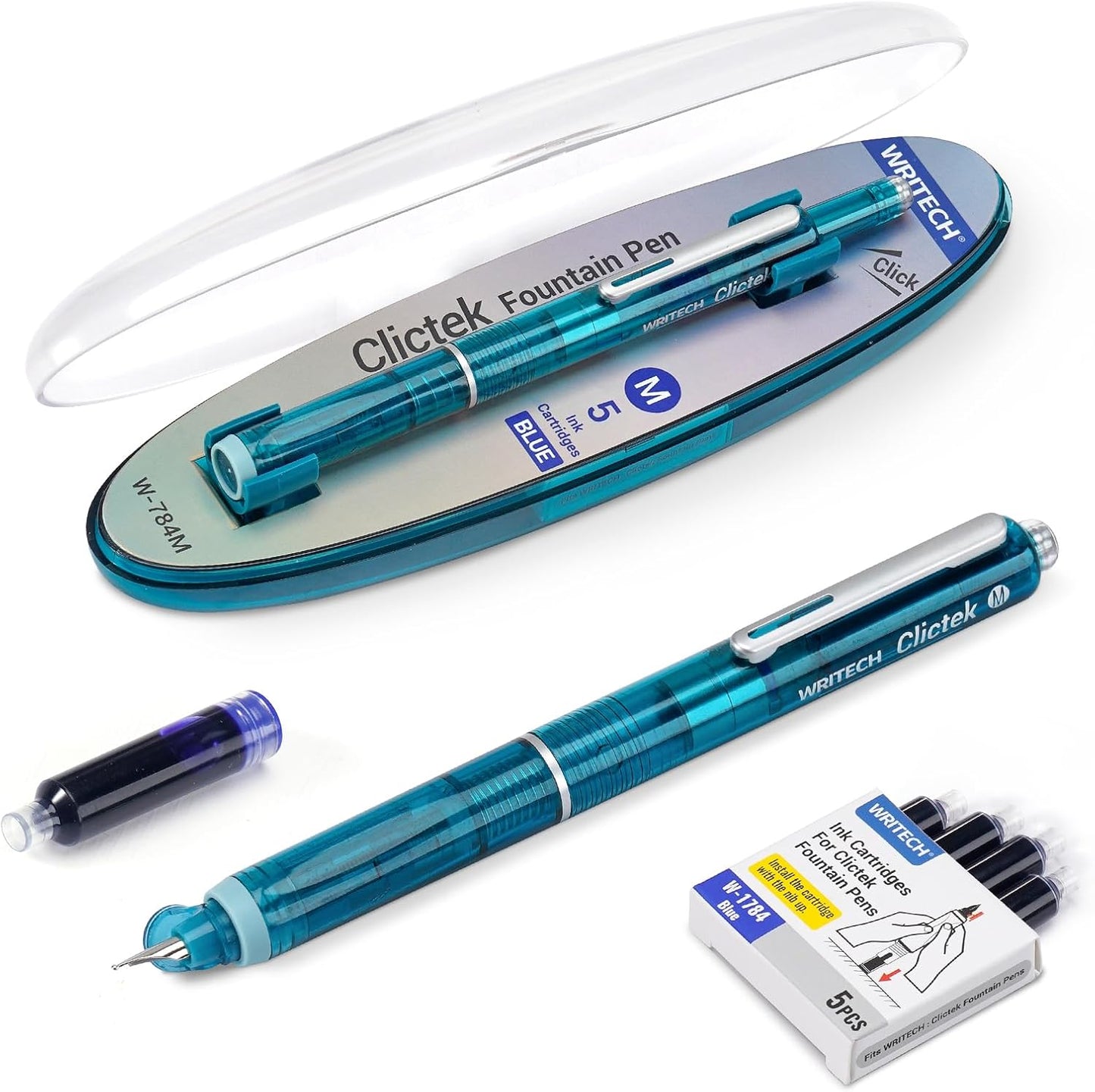 WRITECH Clictek Fountain Pen Set: Retractable Style Blue Ink Medium Nib Transparent Barrel, Includes 5 Ink Cartridges for Gift Set, Smooth Writing No Leaking