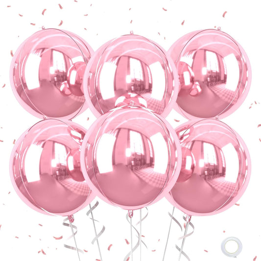 Giant 4D Pink Foil Balloons, 6Pcs Large Metallic Pink Round Balloons, 22 Inch Big Round Foil Balloon for Pink Birthday Party Baby Shower Wedding Decorations