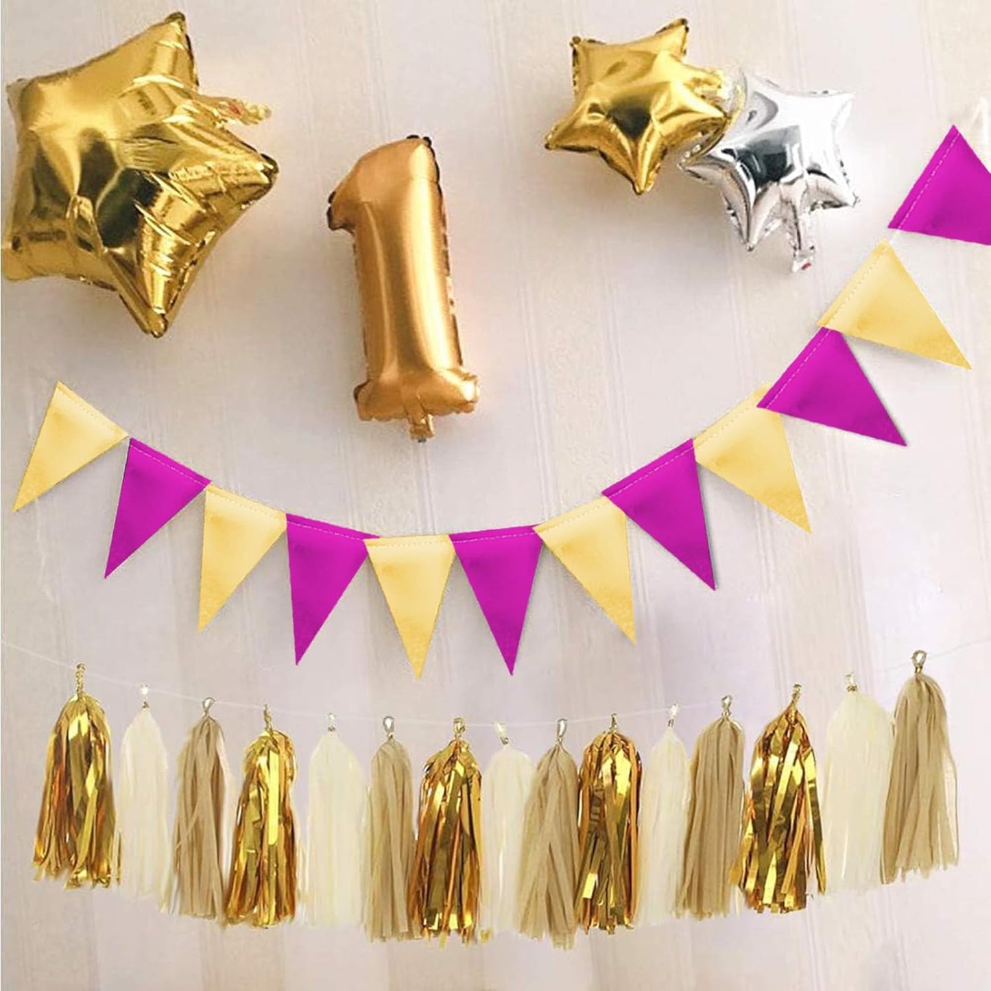 MerryNine Triangle Flag Bunting Banner, 3 Pack Vintage Style Pennant Banner for Wedding, Baby Shower, Event & Party Supplies 45pcs Flags (Purple Gold)