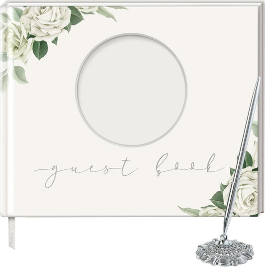 Wedding guestbook Cover Size 8x10 inch, Wedding Memory Book Bundle with a Pencil, Guest Wedding Book, Full Color Printing with Round Photo Frame.