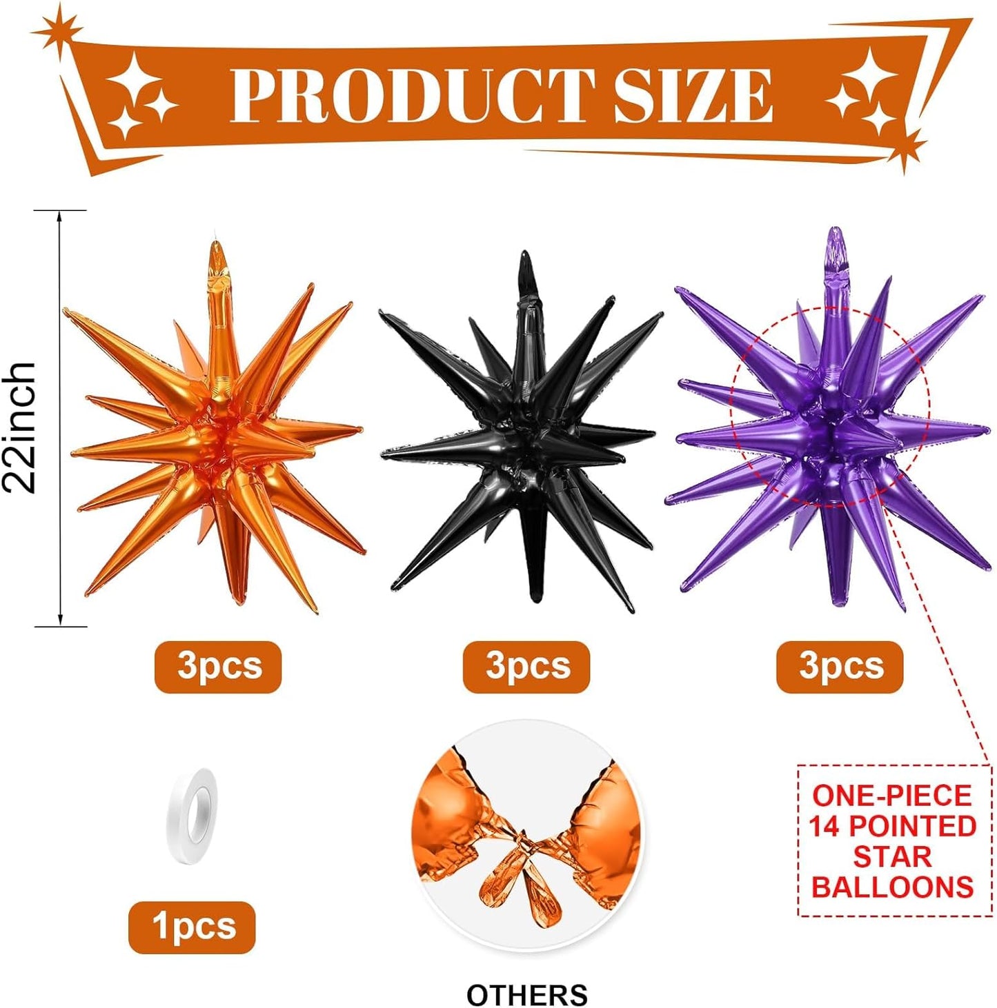 Black Purple Orange Star Balloons,9Pcs 22Inch Black Orange Purple Explosion Spike Cone Helium Polyester Film Star Foil Balloons for Halloween Birthday Baby Shower Party Decorations