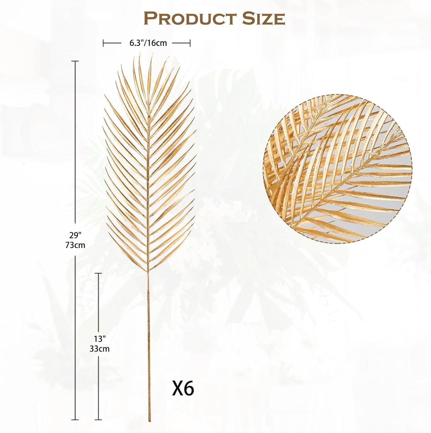 29” Large Gold Palm Leaves Palm Fronds Tropical Leaves Areca Palm Branches Artificial Palm Leaves with Stem Golden Palm Tree Leaves Faux Palm Leaves for Floral Arrangement Fake Gold Leaves 6Pcs