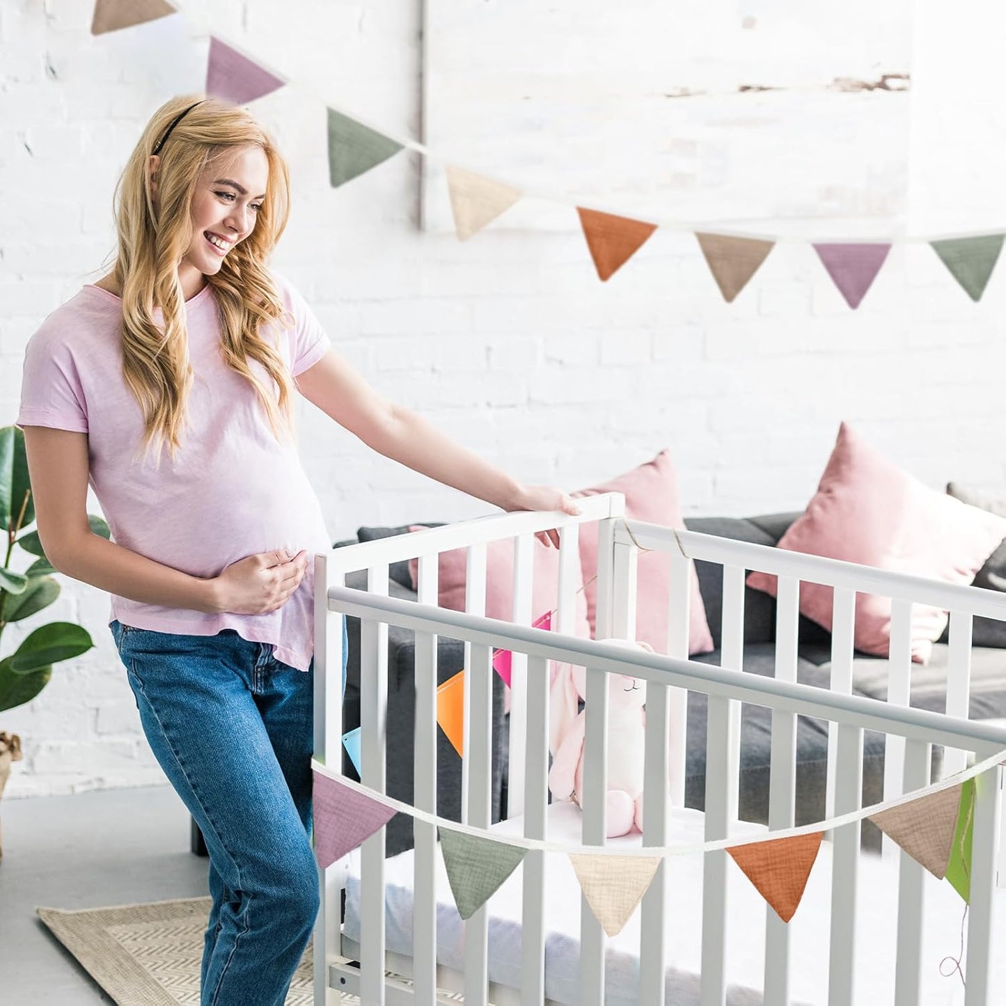 Oudain 15.5 ft Pennant Banner Flags, 2 Pcs Nursery Garland Triangle Bunting Flag Baby Banner for Nursery Decor Baby Birthday Boho Wedding Shower Party Event, Each 7.75 ft(Rich Color)