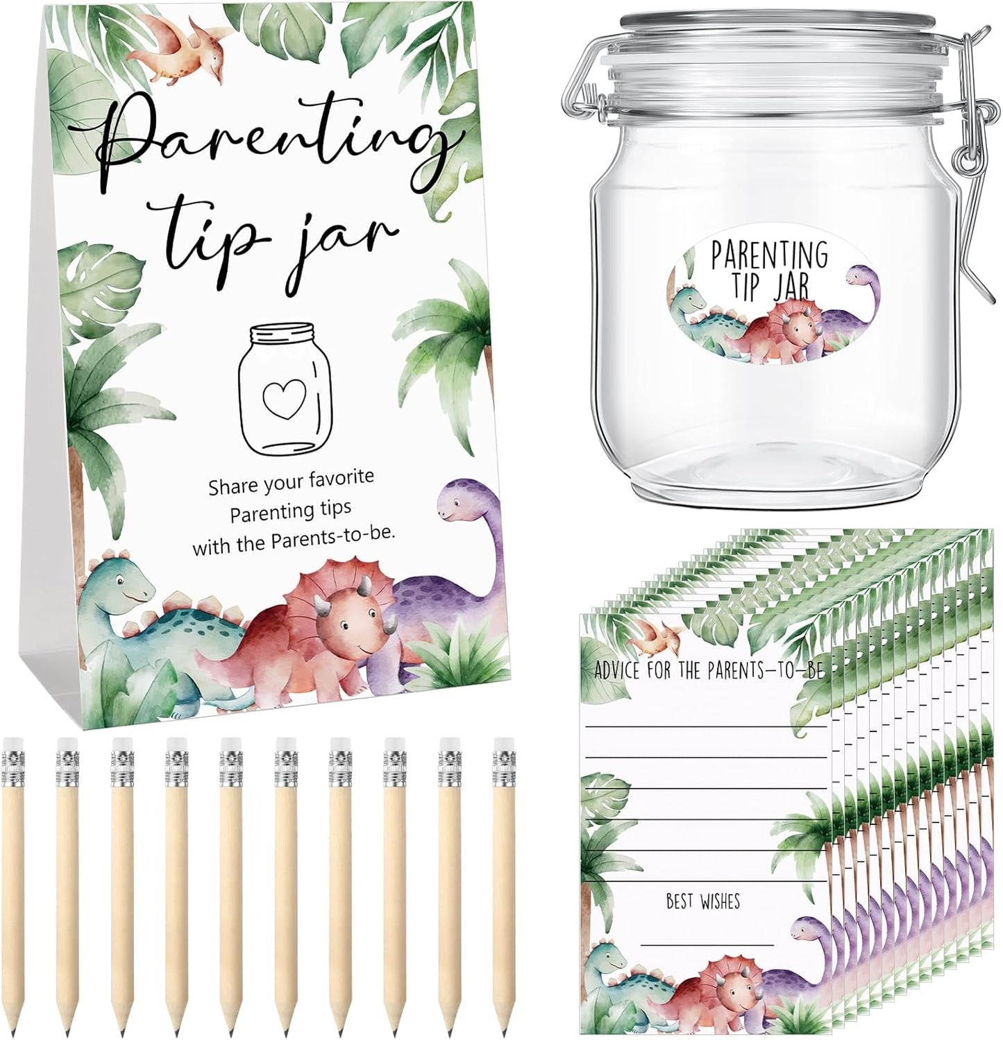 Roowest Baby Shower to Baby Advice Cards for New Parents to Be - Tip Jar Sign for New Parents 60 Parenting Advice Cards 10 HB Pencils 2 Cute Stickers 1 Pet Bottle for Guests Games(Dinosaur)