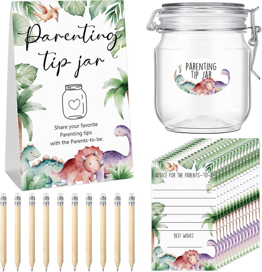 Roowest Baby Shower to Baby Advice Cards for New Parents to Be - Tip Jar Sign for New Parents 60 Parenting Advice Cards 10 HB Pencils 2 Cute Stickers 1 Pet Bottle for Guests Games(Dinosaur)