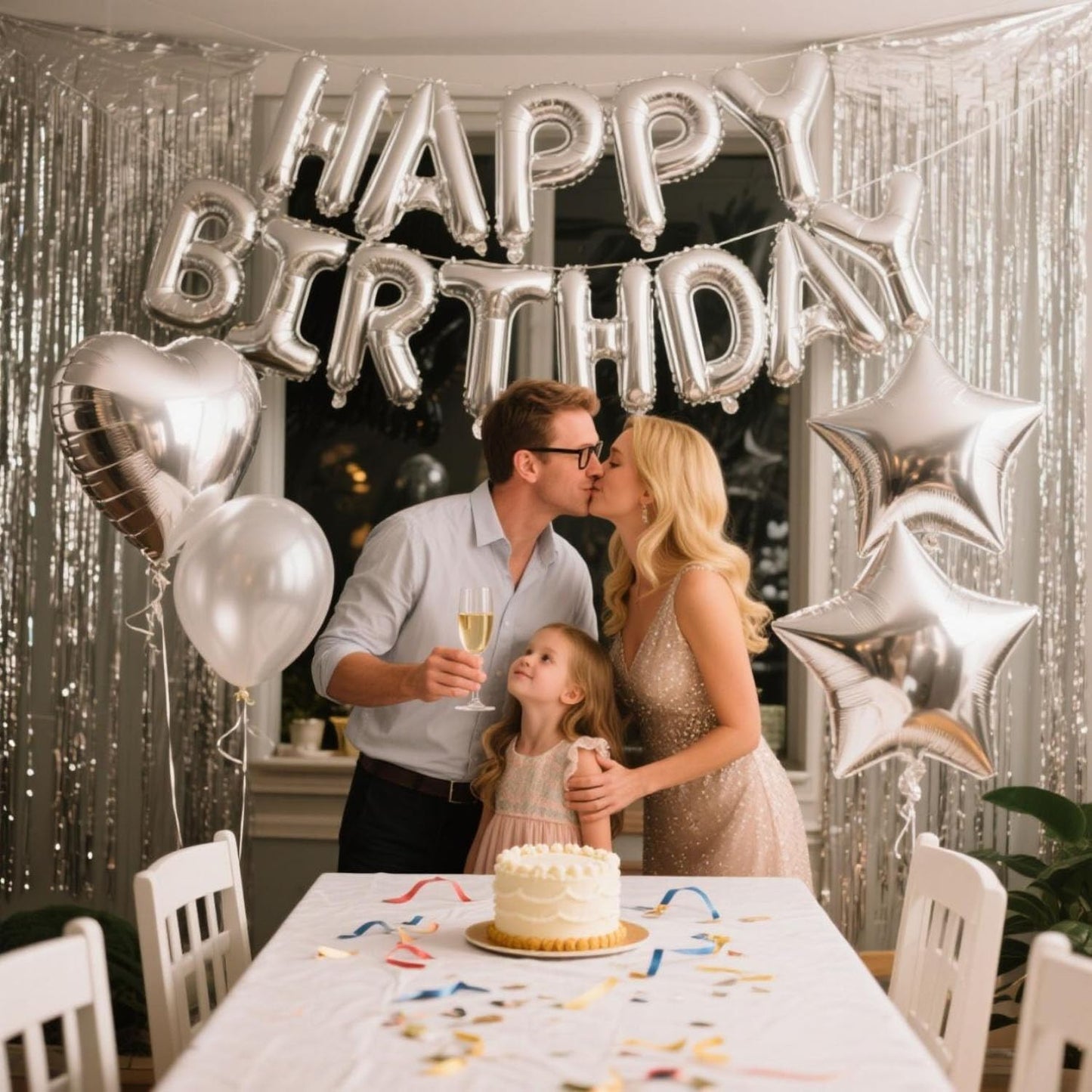 29 Pcs Silver Birthday Party Decorations - Happy Birthday Balloons Banner Silver, Heart & Star Foil Balloons, Confetti & Latex Balloons, Foil Fringe Curtains Party Supplies for Men