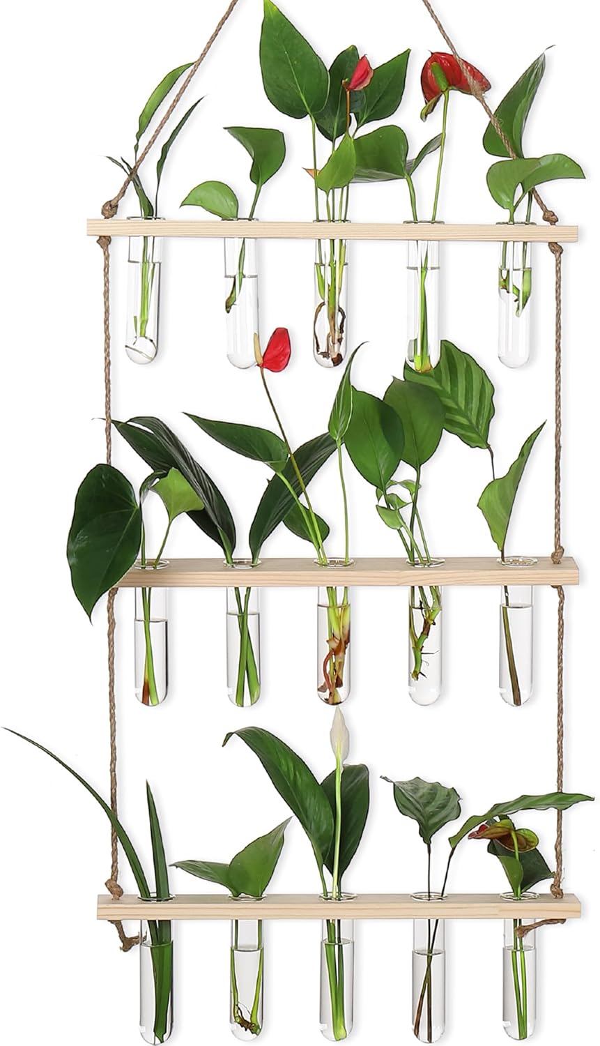 YIBOT Propagation Stations,3 Tiered of Propagation Tubes with Wooden Stand,Mini Glass Test Tubes Vase,Plant Terrarium for Hydroponic Home Garden Office Decor, Gardening Gift for Women Plant Lover