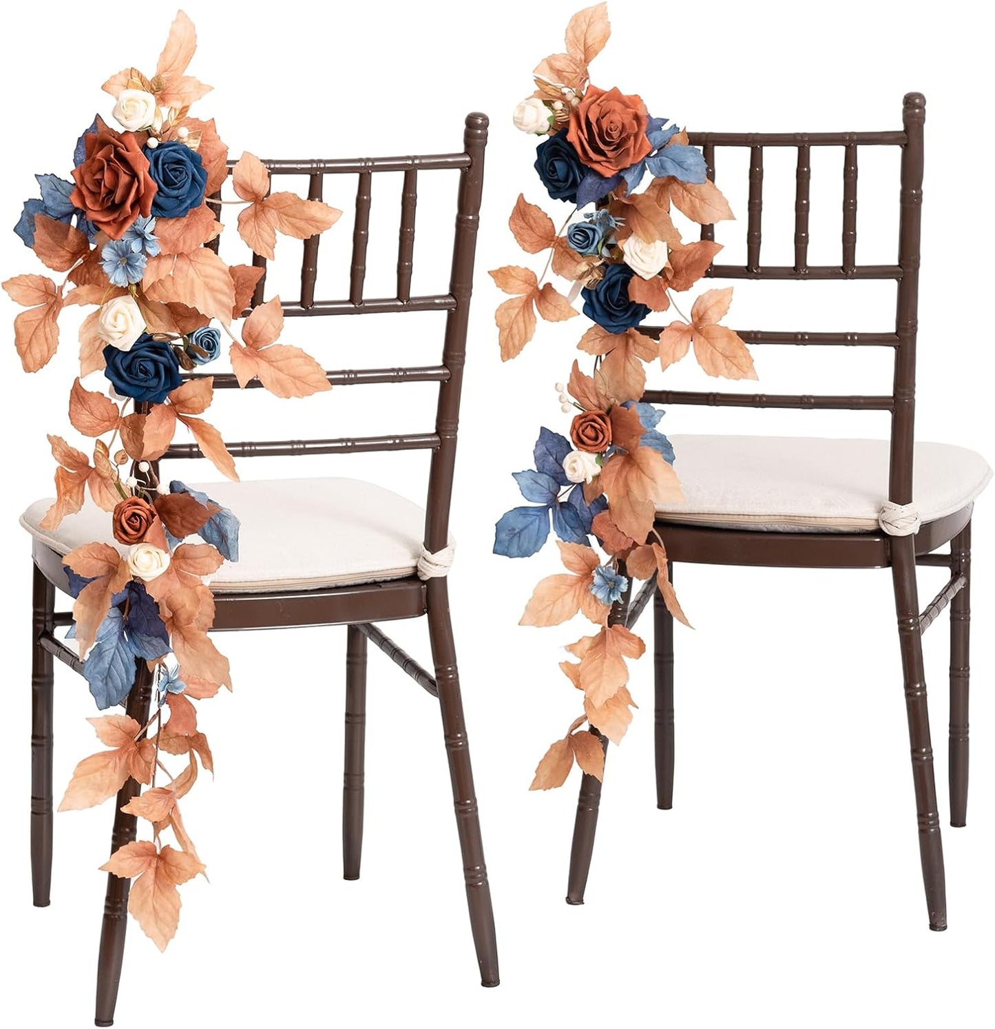 Ling's Moment Fall 10pcs Wedding Chair Decorations Aisle Floral Swag Artificial Pew Flowers Hanging Garland Terracotta Burnt Orange & Navy Blue for Ceremony Reception Church Rose Floral Party Outdoor