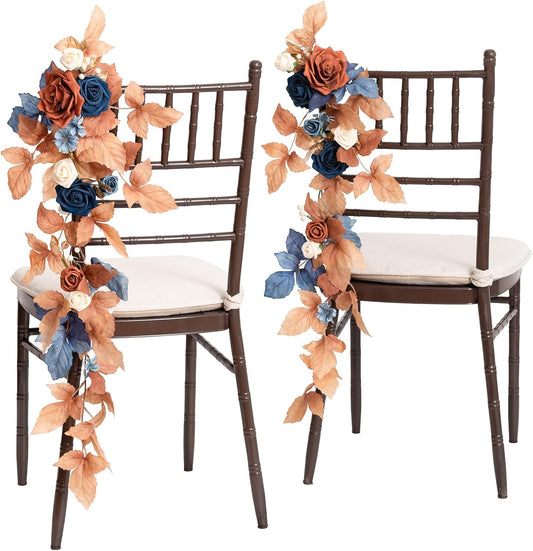 Ling's Moment Fall 10pcs Wedding Chair Decorations Aisle Floral Swag Artificial Pew Flowers Hanging Garland Terracotta Burnt Orange & Navy Blue for Ceremony Reception Church Rose Floral Party Outdoor