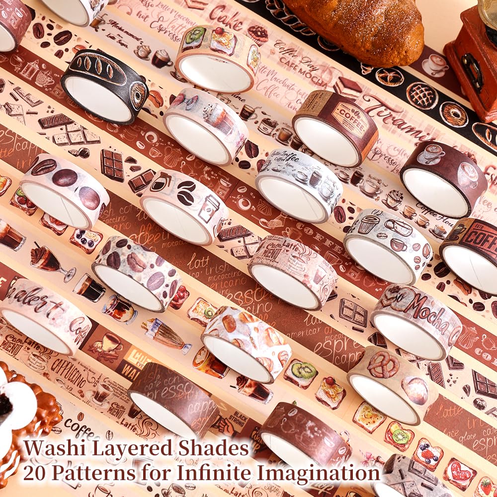 20 Rolls Coffee Theme Washi Tape Set, Writable Decorative Tapes for Scrapbooking, Bible Journaling, Bullet Journaling, 0.6"x79" per Roll