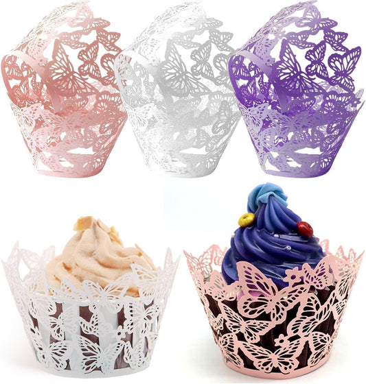 Cupcake Liners, Cupcake Wrappers Artistic Bake Cake Toppers Little Butterfly Flowers Paper White Pink Purple for Wedding Brtyday Party Decoration Pack of 24