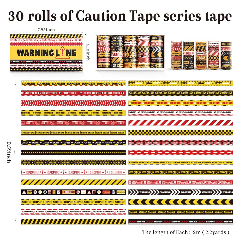 30 Rolls Warning line Theme Washi Tape Set, Writable Decorative Tapes for Scrapbooking, Bible Journaling, Bullet Journaling, 0.6"x79" per Roll