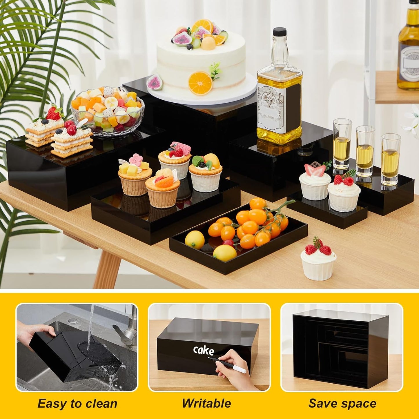 Leinuosen 7 Pcs Large Buffet Risers Set 6" to 12" Acrylic Display Box Catering Dessert Table Riser Food Display Decorative Stand with Hollow Bottom for Catering Supplies(Black, Rectangle)