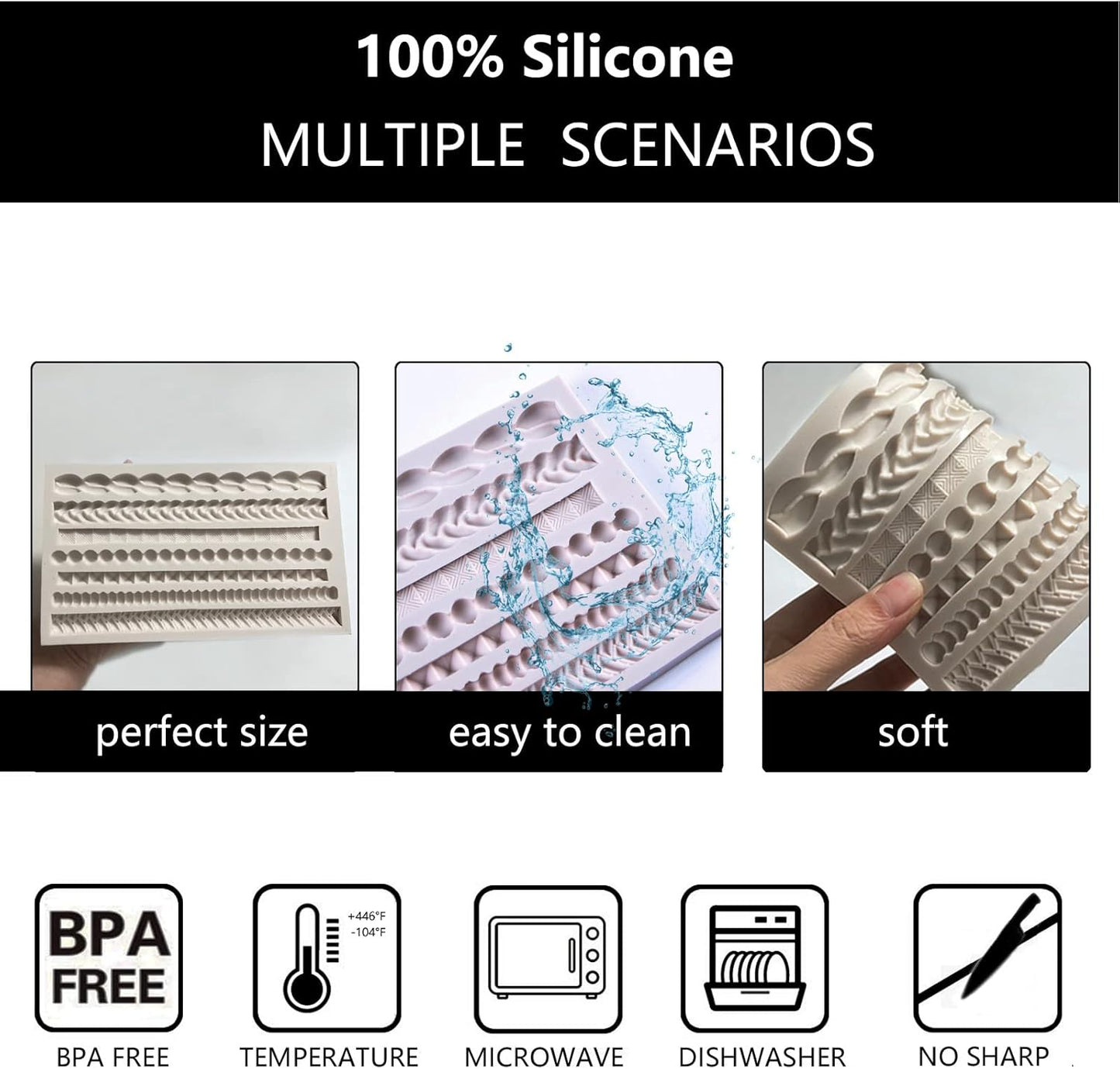 Scroll Lace Fondant Molds, Baroque Chocolate Frame Decor, Clay Frame Relief Mould for Birthday Wedding Cake Decoration Cupcake Topper Pie Crust Candy Resin Clay Furniture Corner Border, Gray