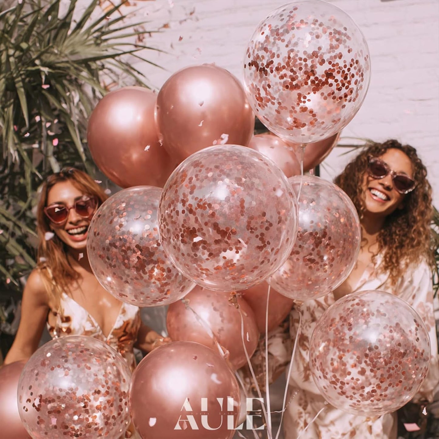 AULE Party Balloons Pack of 42 - Metallic Chrome Rose Gold Balloons and Rose Gold Confetti Latex Helium Balloons With 64ft Ribbons - 12 Inch Balloon Decoration Kit