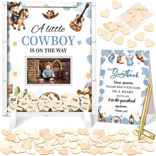 65 Pcs Cowboy Baby Shower Decorations Guest Book Alternatives a Little Cowboy is on The Way Decorations Western Baby Shower Party Supplies Sign in Guest Book with Picture Frame and 60 Wooden Chip