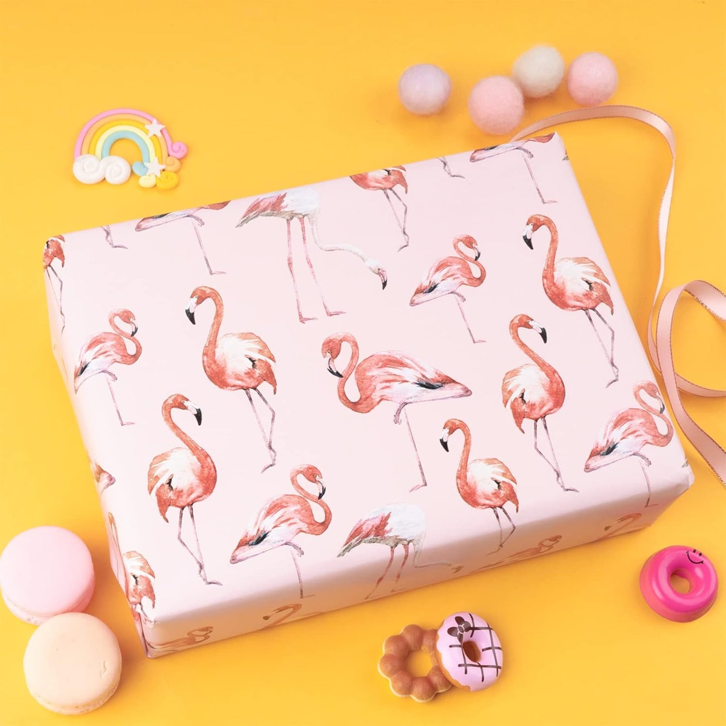 WRAPAHOLIC Reversible Flamingo Wrapping Paper - Mini Roll - 17 Inch X 33 Feet - Pink Flamingo Birthday Wrapping Paper Tropical Hawaii Design for Birthday, Holiday, Wedding, Baby Shower