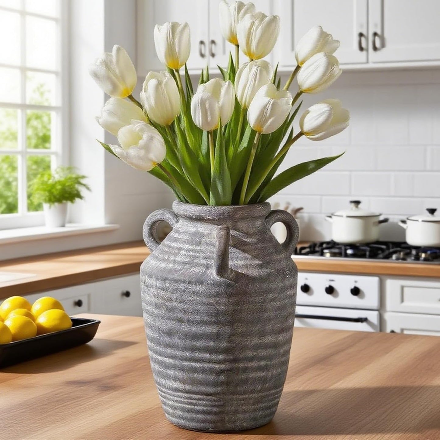 Grey Terracotta Ceramic Vase with Handles, Vintage Rustic Pottery Vases for Table Centerpiece, Cottage Core Home Decor, Large Flower Vases for Bouquet Entryway Mantel Bookshelf Living Room 8.9 Inch