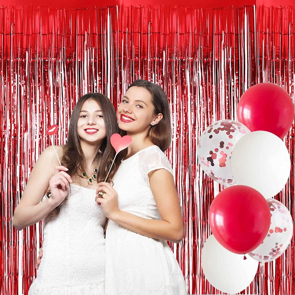 BEISHIDA 2 Pcs Red Door Streamers Tinsel Curtain Party Streamers Backdrop Fringe Foil Wall Background for Birthday Valentine's Day Christmas Wedding Party Decoration(3.28 ft x 6.56 ft)