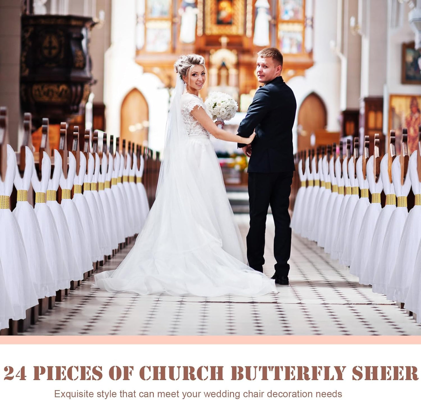 24 Set Wedding Aisle Chair Decorations 31.5 Inch Pew Bows with Long Tulle Tails and Rhinestone wrap for Wedding Ceremony Church Bridal Shower Banquet Decor (Gold)