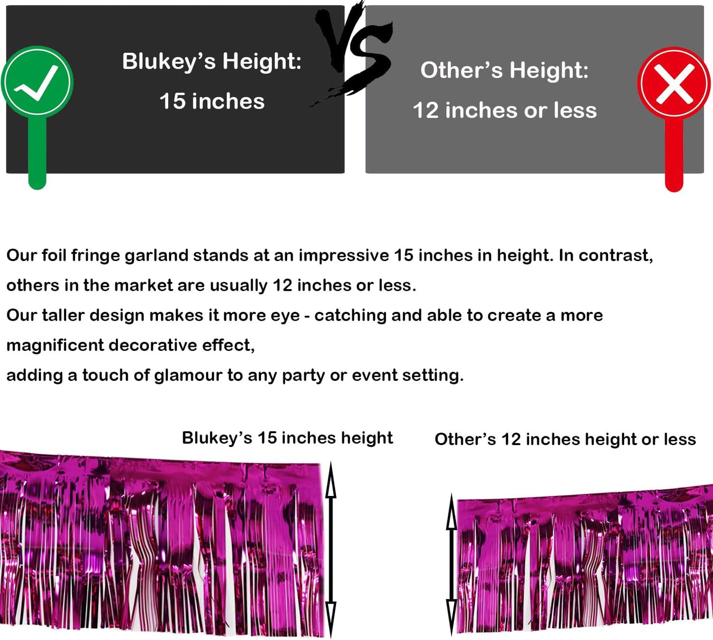 Thick 10 feet by 15 inches Fuchsia Foil Fringe Garland - Pack of 3 | Shiny Metallic Tassle Banner for Car Parade Floats, Wedding, Birthday | Wall Hanging Fringe Garland Banner (Fuchsia)