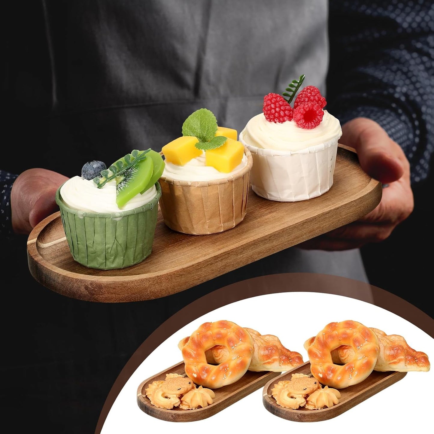 Wenqik 18 Pieces Acacia Wood Tray Set 10 x 5 Inch Acacia Oval Wood Tray Platters Plates Set for Fruit Cheese Dessert Appetizer Vegetable Charcuterie BBQ Party Weddings Supply